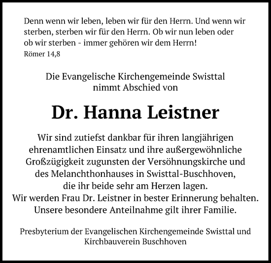 Anzeige von Hanna Leistner von Kölner Stadt-Anzeiger / Kölnische Rundschau / Express