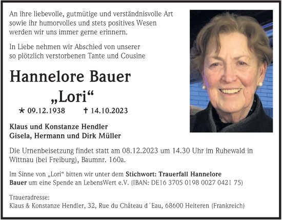 Anzeige von Hannelore Bauer von Kölner Stadt-Anzeiger / Kölnische Rundschau / Express