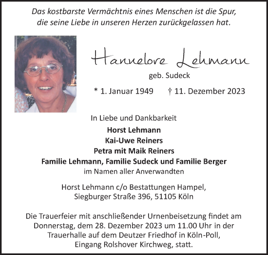 Anzeige von Hannelore Lehmann von Kölner Stadt-Anzeiger / Kölnische Rundschau / Express