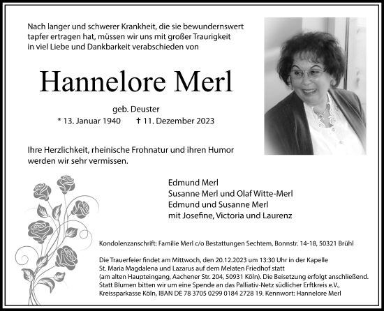 Anzeige von Hannelore Merl von Kölner Stadt-Anzeiger / Kölnische Rundschau / Express