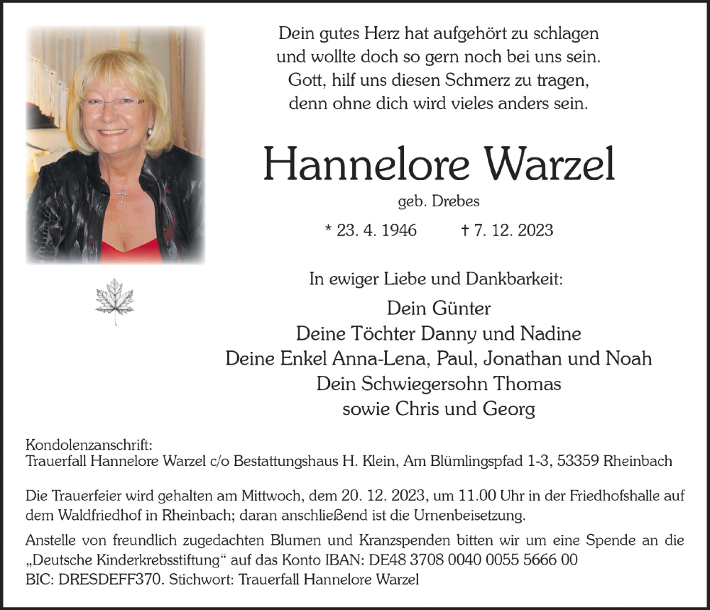  Traueranzeige für Hannelore Warzel vom 15.12.2023 aus  Schaufenster/Blickpunkt 
