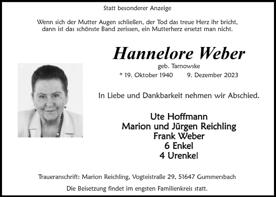 Anzeige von Hannelore Weber von  Anzeigen Echo 