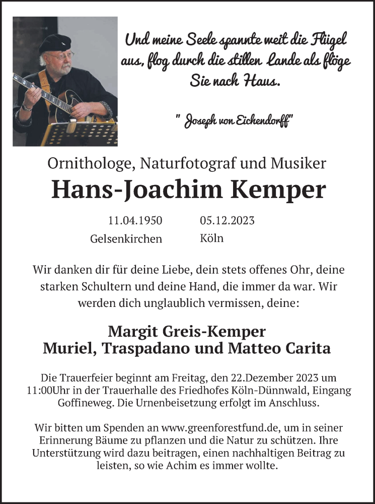  Traueranzeige für Hans-Joachim Kemper vom 16.12.2023 aus Kölner Stadt-Anzeiger / Kölnische Rundschau / Express