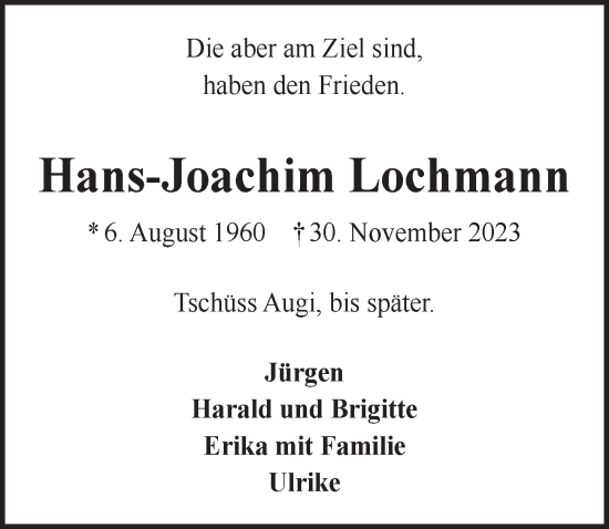 Anzeige von Hans-Joachim Lochmann von  Wochenende 