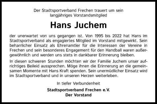 Anzeige von Hans Juchem von Kölner Stadt-Anzeiger / Kölnische Rundschau / Express