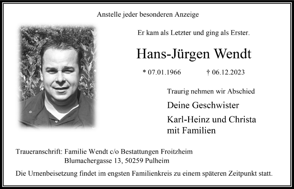  Traueranzeige für Hans-Jürgen Wendt vom 22.12.2023 aus  Wochenende 