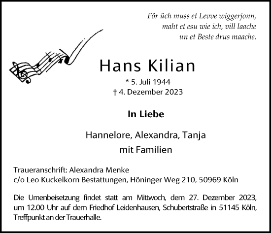 Anzeige von Hans Kilian von Kölner Stadt-Anzeiger / Kölnische Rundschau / Express