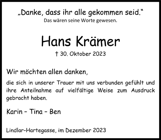 Anzeige von Hans Krämer von  Anzeigen Echo 