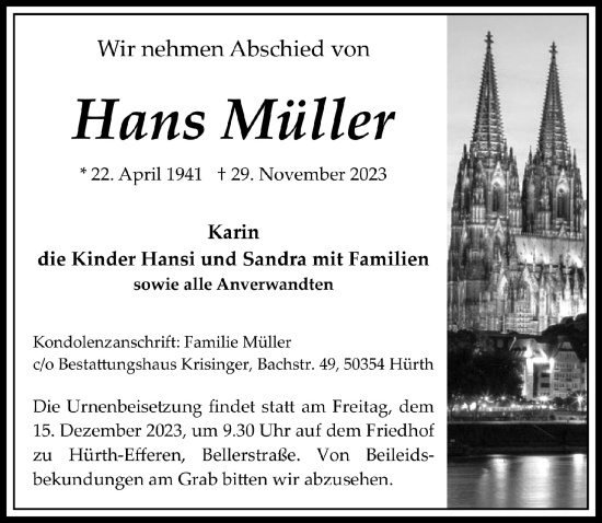 Anzeige von Hans Müller von  Wochenende 
