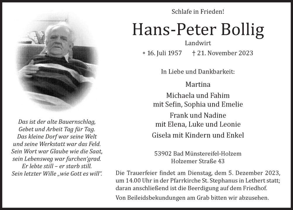  Traueranzeige für Hans-Peter Bollig vom 02.12.2023 aus  Blickpunkt Euskirchen 