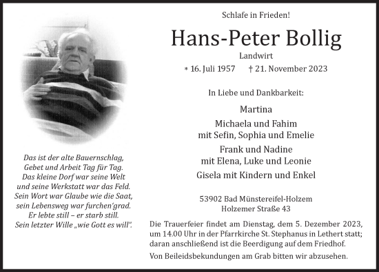 Anzeige von Hans-Peter Bollig von  Blickpunkt Euskirchen 