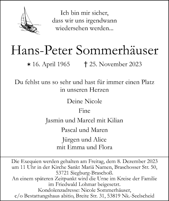 Anzeige von Hans-Peter Sommerhäuser von Kölner Stadt-Anzeiger / Kölnische Rundschau / Express