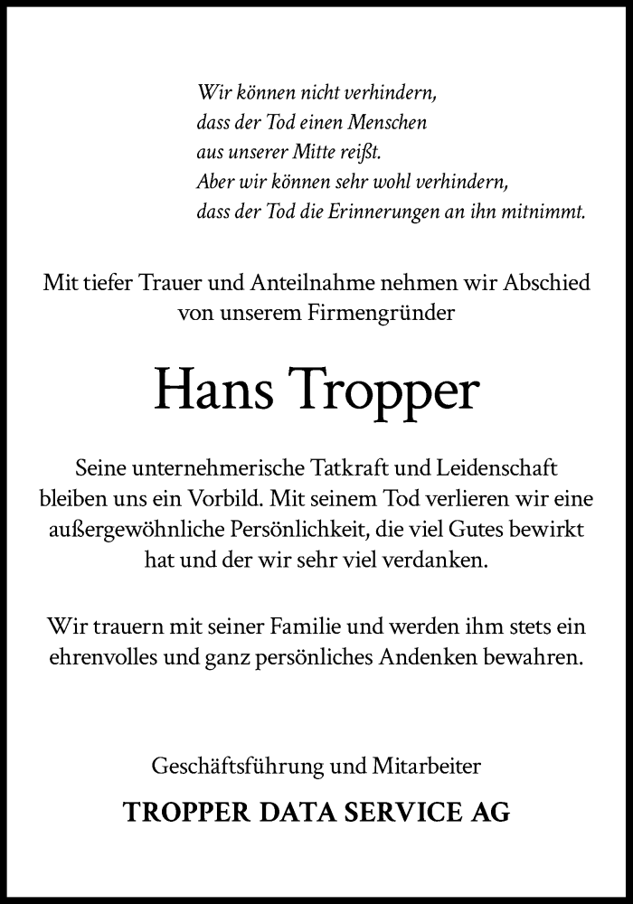  Traueranzeige für Hans Tropper vom 02.12.2023 aus Kölner Stadt-Anzeiger / Kölnische Rundschau / Express