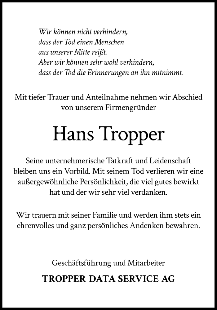  Traueranzeige für Hans Tropper vom 02.12.2023 aus Kölner Stadt-Anzeiger / Kölnische Rundschau / Express