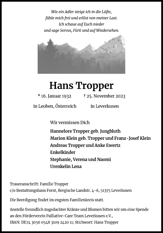 Anzeige von Hans Tropper von Kölner Stadt-Anzeiger / Kölnische Rundschau / Express