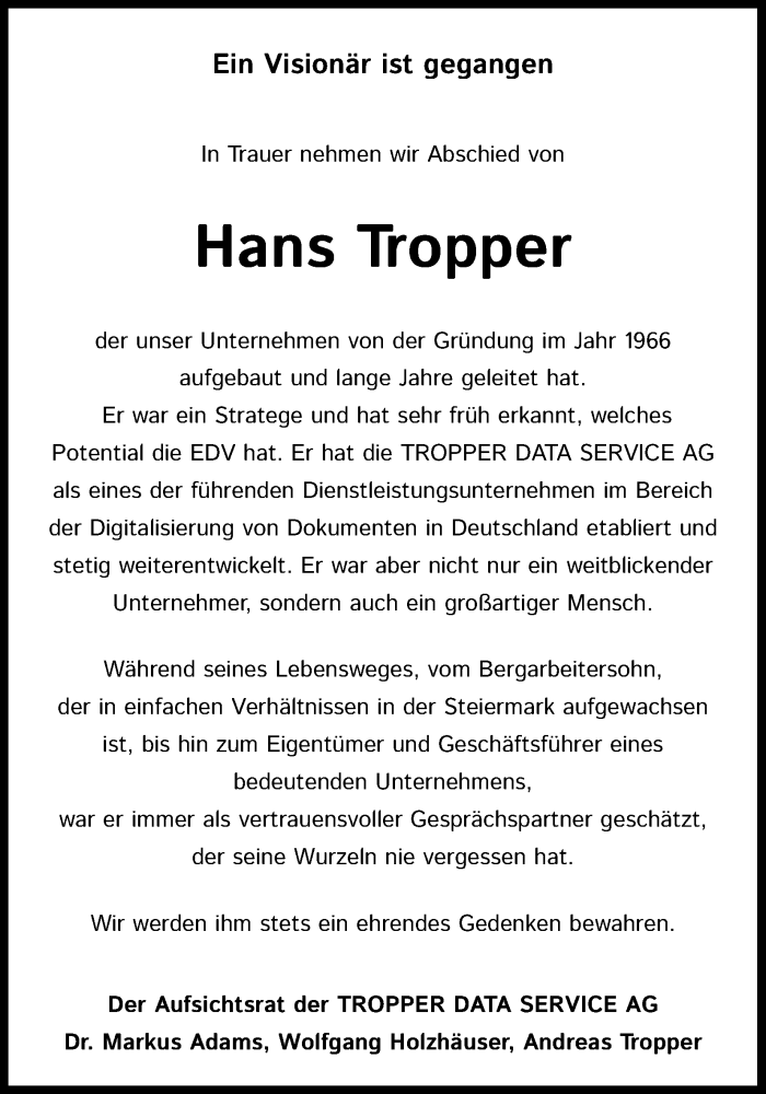  Traueranzeige für Hans Tropper vom 13.12.2023 aus Kölner Stadt-Anzeiger / Kölnische Rundschau / Express