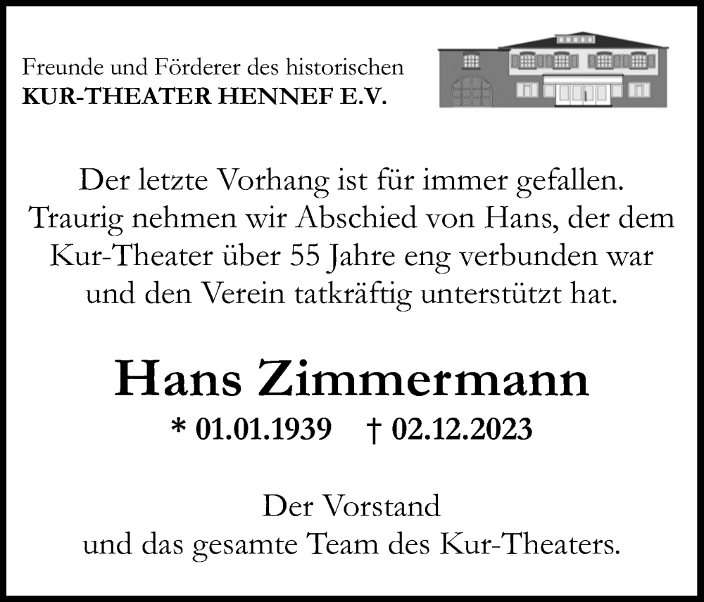  Traueranzeige für Hans Zimmermann vom 16.12.2023 aus Kölner Stadt-Anzeiger / Kölnische Rundschau / Express