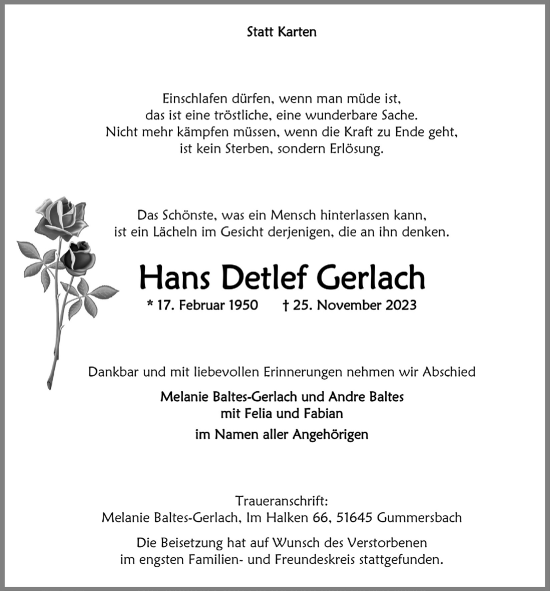 Anzeige von Hans Detlef Gerlach von  Anzeigen Echo 