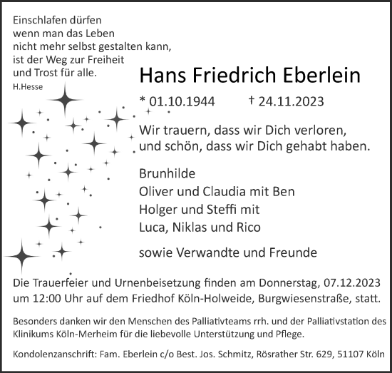 Anzeige von Hans Friedrich Eberlein von Kölner Stadt-Anzeiger / Kölnische Rundschau / Express