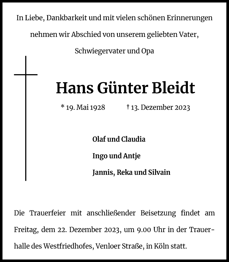  Traueranzeige für Hans Günter Bleidt vom 16.12.2023 aus Kölner Stadt-Anzeiger / Kölnische Rundschau / Express