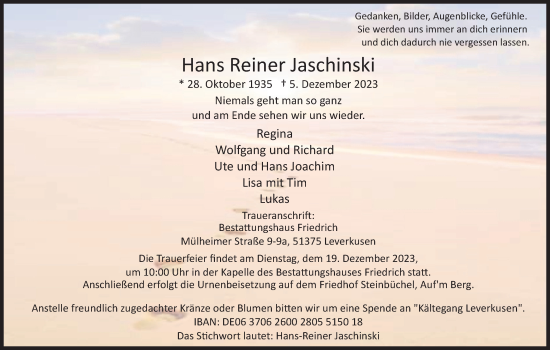 Anzeige von Hans Reiner Jaschinski von Kölner Stadt-Anzeiger / Kölnische Rundschau / Express