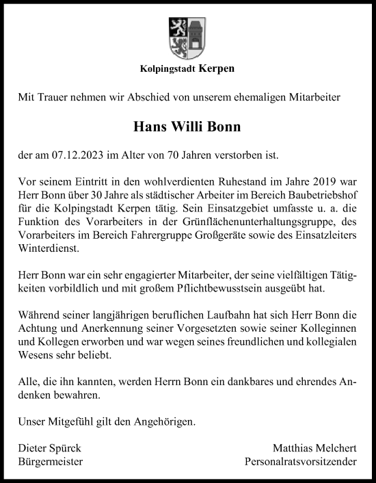 Anzeige von Hans Willi Bonn von Kölner Stadt-Anzeiger / Kölnische Rundschau / Express