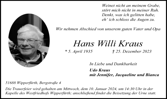 Anzeige von Hans Willi Kraus von Kölner Stadt-Anzeiger / Kölnische Rundschau / Express