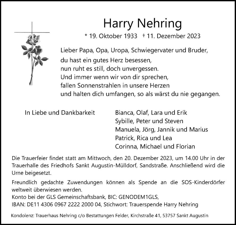  Traueranzeige für Harry Nehring vom 16.12.2023 aus Kölner Stadt-Anzeiger / Kölnische Rundschau / Express
