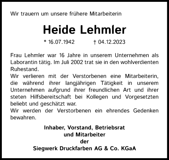 Anzeige von Heide Lehmler von Kölner Stadt-Anzeiger / Kölnische Rundschau / Express