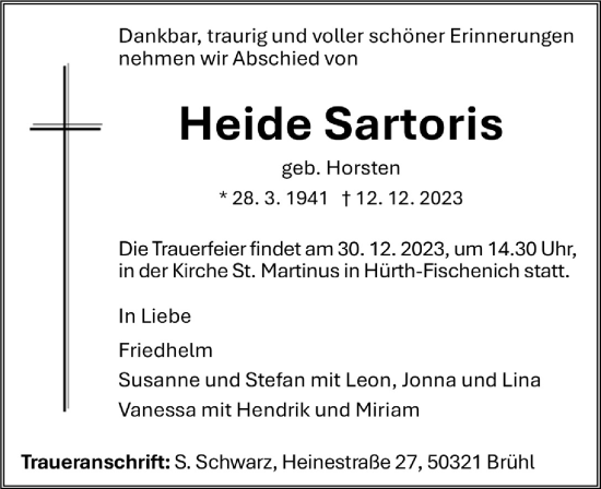 Anzeige von Heide Sartoris von  Wochenende 