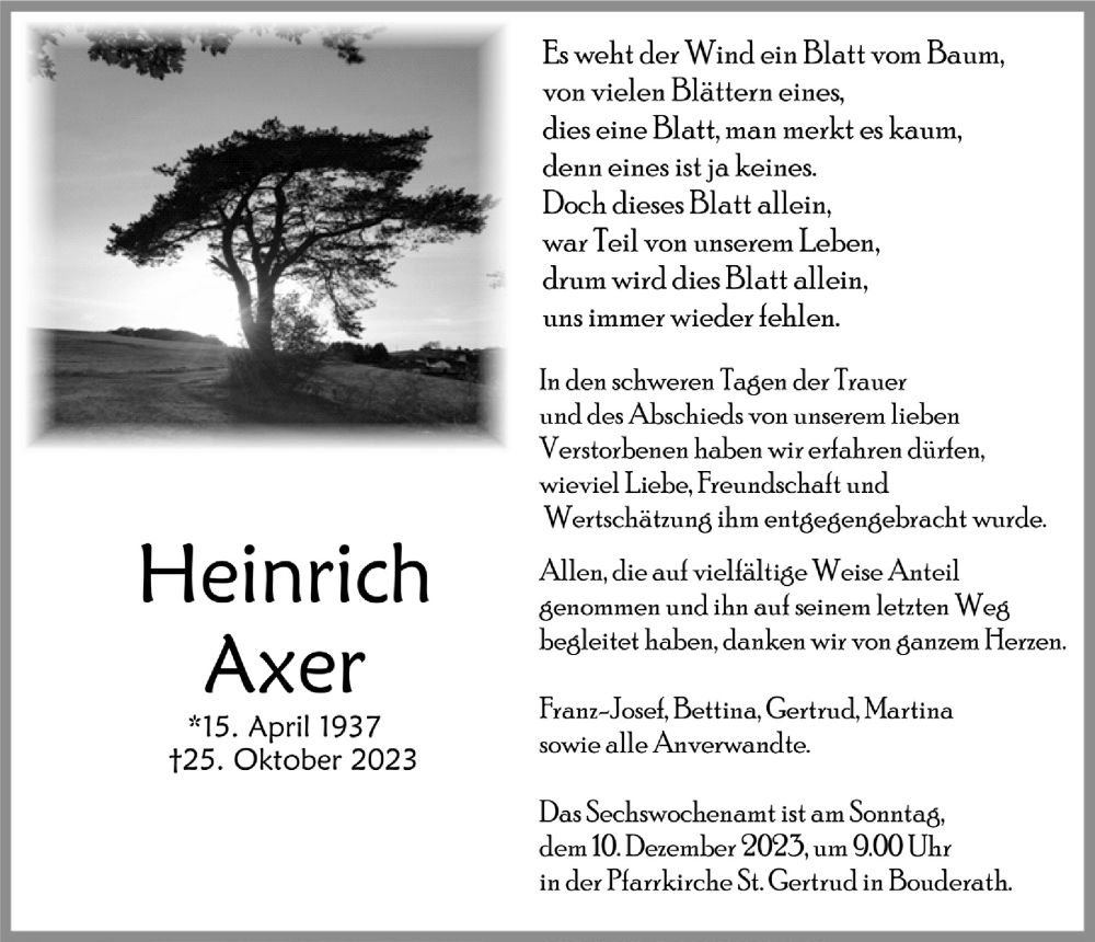  Traueranzeige für Heinrich Axer vom 02.12.2023 aus  Blickpunkt Euskirchen 