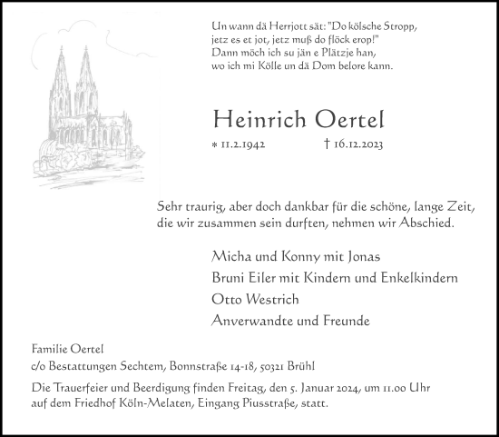 Anzeige von Heinrich Oertel von Kölner Stadt-Anzeiger / Kölnische Rundschau / Express