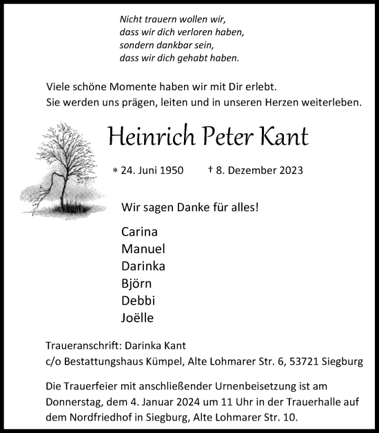 Anzeige von Heinrich Peter Kant von Kölner Stadt-Anzeiger / Kölnische Rundschau / Express