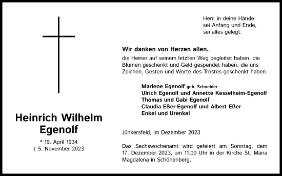 Anzeige von Heinrich Wilhelm Egenolf von Kölner Stadt-Anzeiger / Kölnische Rundschau / Express