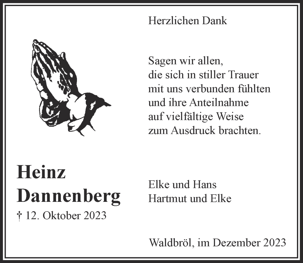  Traueranzeige für Heinz Dannenberg vom 22.12.2023 aus  Lokalanzeiger 