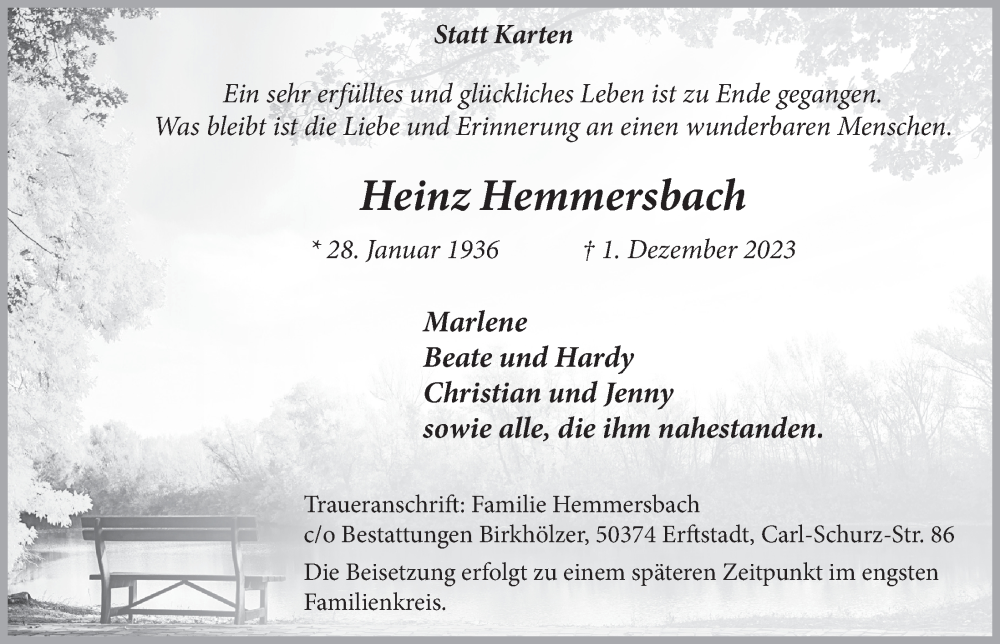  Traueranzeige für Heinz Hemmersbach vom 22.12.2023 aus  Werbepost 