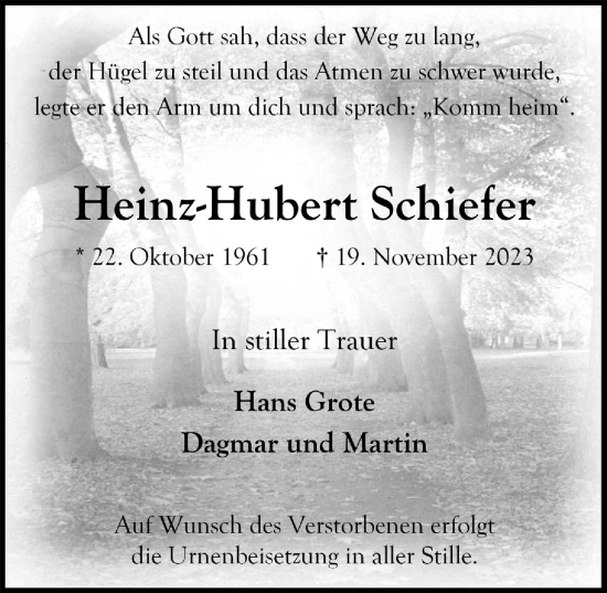 Anzeige von Heinz-Hubert Schiefer von  Werbepost 