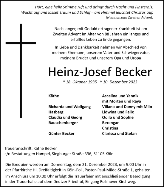 Anzeige von Heinz-Josef Becker von Kölner Stadt-Anzeiger / Kölnische Rundschau / Express