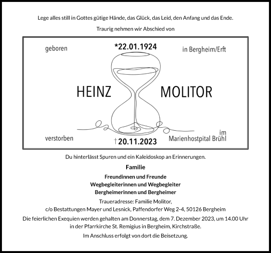 Anzeige von Heinz Molitor von Kölner Stadt-Anzeiger / Kölnische Rundschau / Express