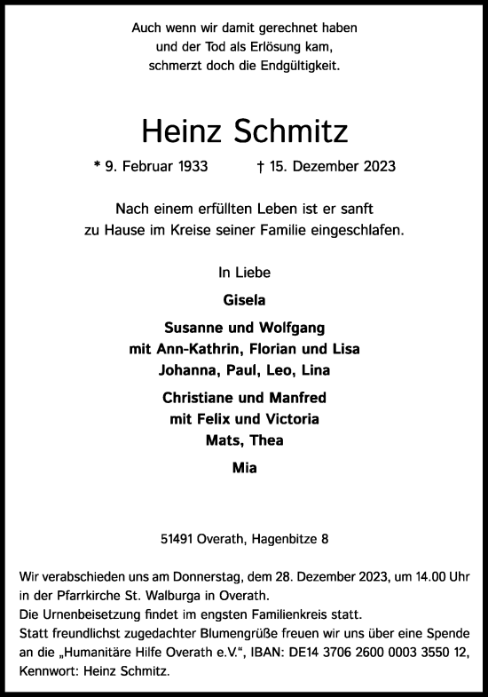 Anzeige von Heinz Schmitt von Kölner Stadt-Anzeiger / Kölnische Rundschau / Express
