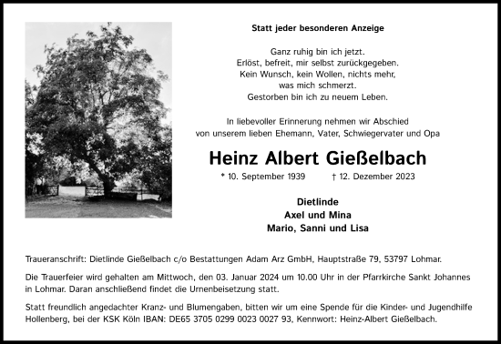 Anzeige von Heinz Albert Gießelbach von Kölner Stadt-Anzeiger / Kölnische Rundschau / Express