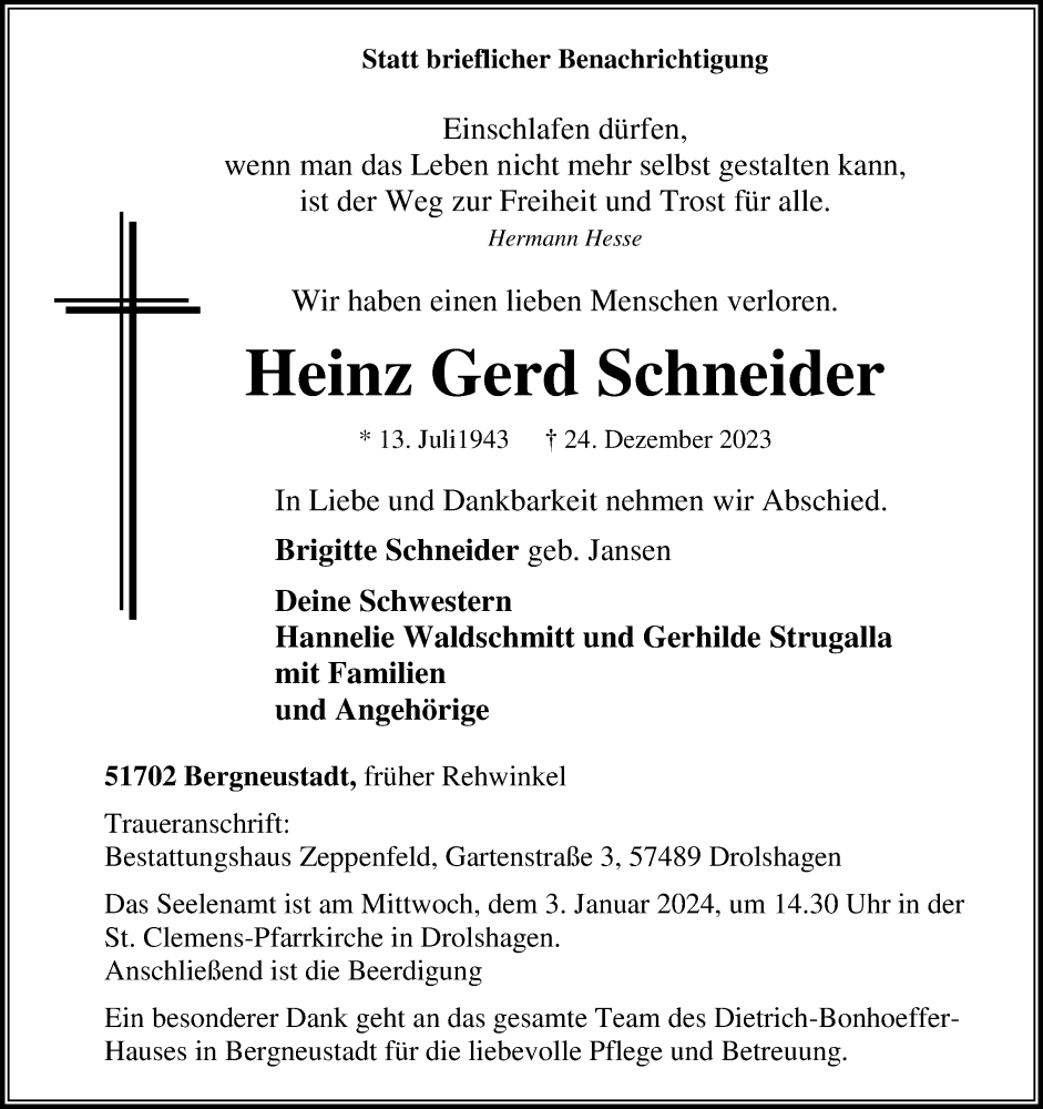  Traueranzeige für Heinz Gerd Schneider vom 30.12.2023 aus Kölner Stadt-Anzeiger / Kölnische Rundschau / Express