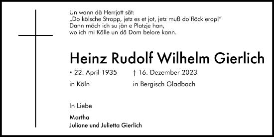 Anzeige von Heinz Rudolf Wilhelm Gierlich von Kölner Stadt-Anzeiger / Kölnische Rundschau / Express