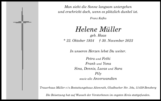 Anzeige von Helene Müller von Kölner Stadt-Anzeiger / Kölnische Rundschau / Express