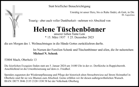 Anzeige von Helene Tüschenbönner von Kölner Stadt-Anzeiger / Kölnische Rundschau / Express