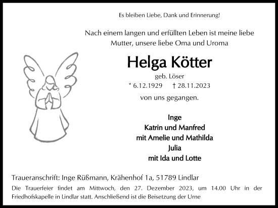 Anzeige von Helga Kötter von Kölner Stadt-Anzeiger / Kölnische Rundschau / Express