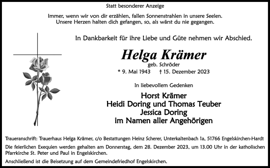 Anzeige von Helga Krämer von Kölner Stadt-Anzeiger / Kölnische Rundschau / Express