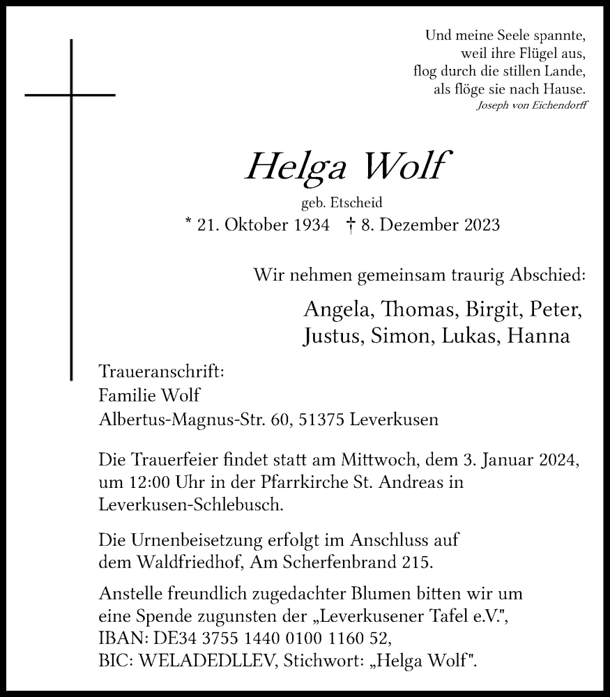  Traueranzeige für Helga Wolf vom 23.12.2023 aus Kölner Stadt-Anzeiger / Kölnische Rundschau / Express