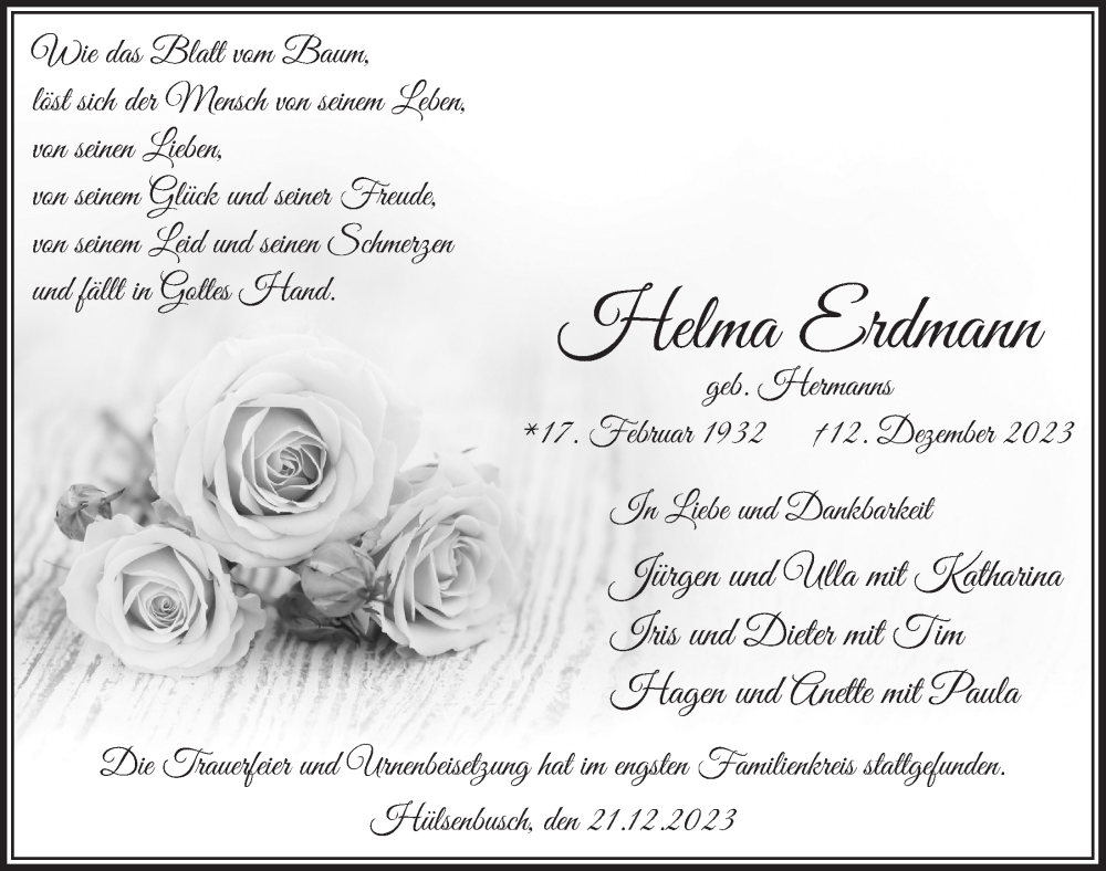  Traueranzeige für Helma Erdmann vom 22.12.2023 aus  Anzeigen Echo 