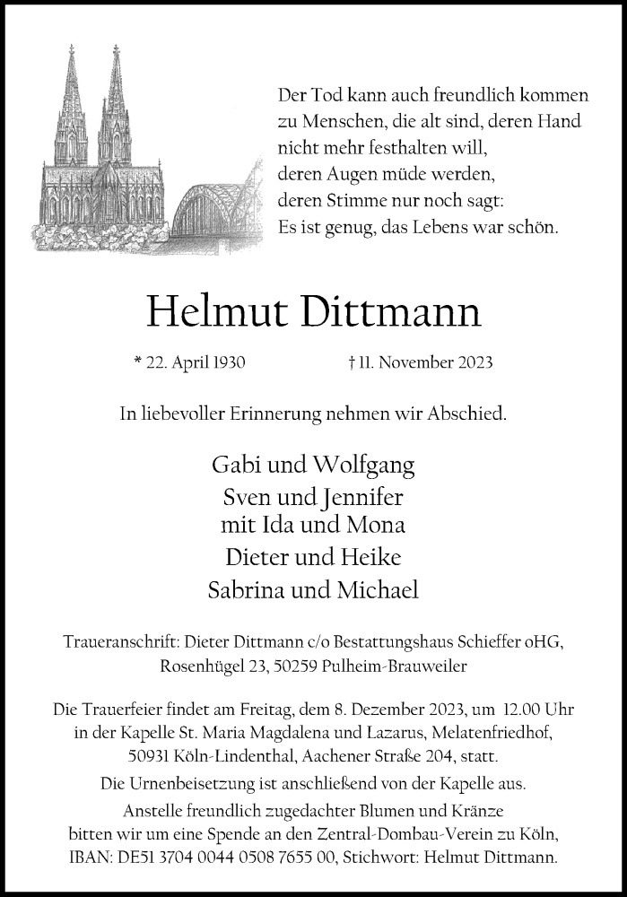  Traueranzeige für Helmut Dittmann vom 02.12.2023 aus Kölner Stadt-Anzeiger / Kölnische Rundschau / Express